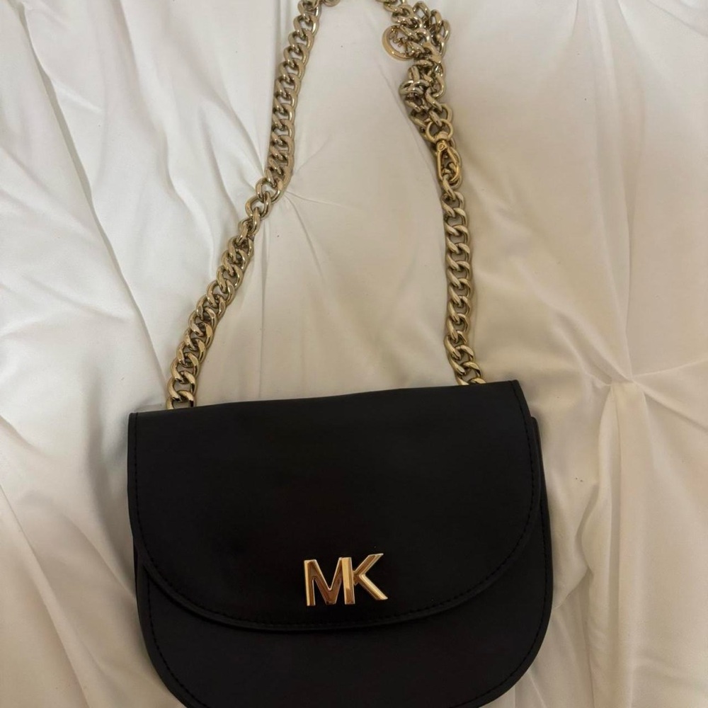 Black and Tan Crossbody Bag with Gold Accents